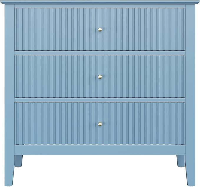 Large Muted Blue Fluted 3 Drawer Dresser Set of 2, Chest of Drawers with Ball Bearing Slide Modern 30 inch Tall Wood Nightstand with Spacious Storage for Bedroom Living Room Entryway