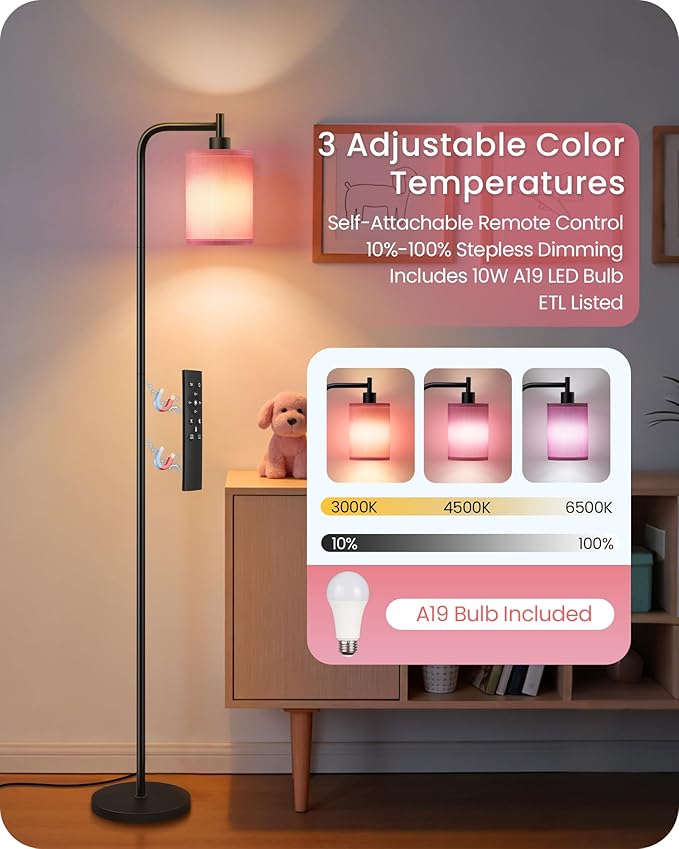 Dimmable Floor Lamp for Living Room with Remote and Foot Switch, Modern Standing, Corner Lamp,10W Bulb 3 Color Temperatures, for Bedroom, Office, Corner, ETL Listed, Black and Pink P19LD05