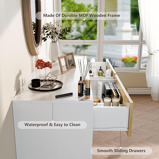 Elegant 6 Drawer Rattan Dresser, Boho Dresser Chest for Bedroom Hallway Living Room, White