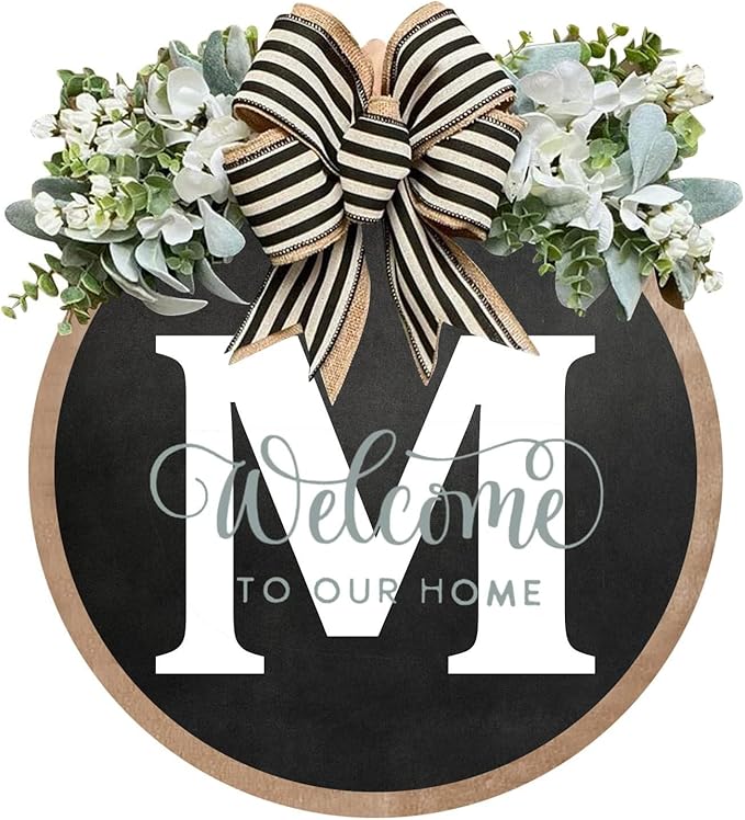Circular Surname Front Door Welcome Sign - 26 Letter House Wreath, Front Porch Decorations, Year-Round Home Decor (M)