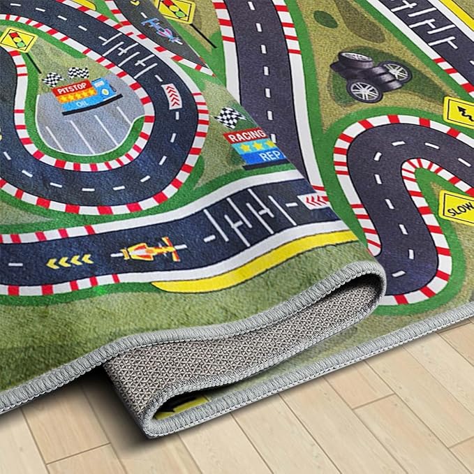 Kids Rug,Children's Room Rug,Road Race Play Rugs, Rail City Living Rugs, Washable Non-Slip Play Mats. (Green, 31x47in)