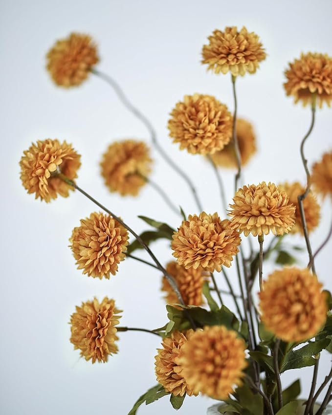DuHouse 6pcs Artificial Flowers Faux Silk Pompon Mum,Silk Small Mini Chrysanthemum Ball with Stems for DIY Bouquets Centerpieces Vase Home Table Kitchen Decorations(Vintage Yellow)
