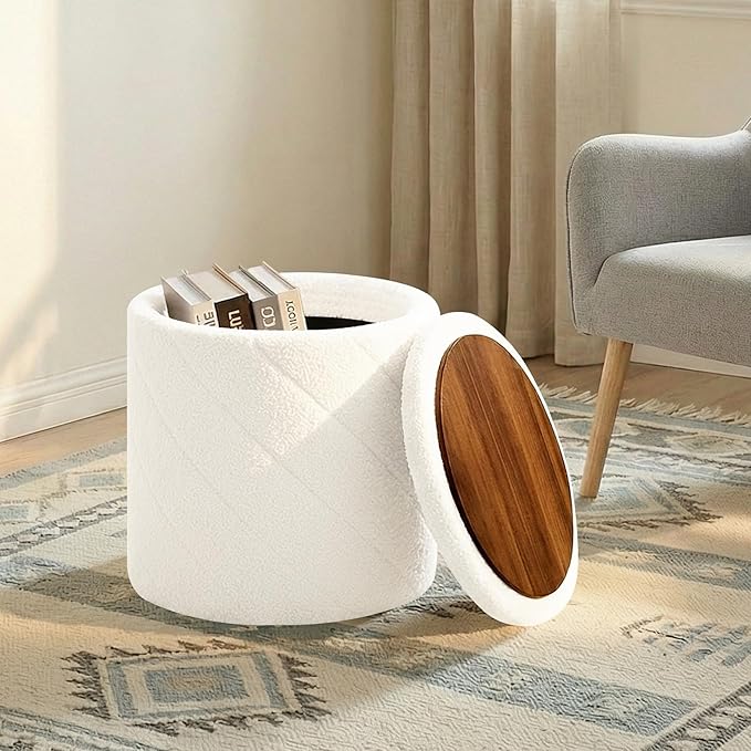 13" Foldable Boucle Round Storage Ottoman,Space-Saving Footrest/Seating/Coffee Table for Small Apartments,Dorms & Bedrooms-White