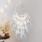 Dremisland Moon Dream Catcher with Fairy Lights-Handmade Feather Lucky Turquoise Pendant Beads Wall Hanging Ornament for Kids Bedroom Home Decoration,Art Craft Gift. (Pure White)