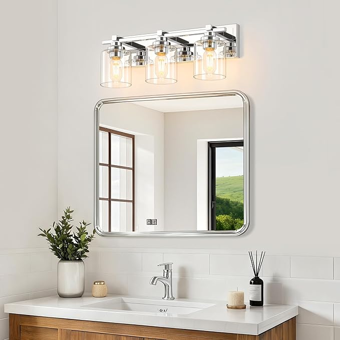 3 Light Modern Bathroom Light Fixtures Over Mirror, Chrome Vanity Lights for Bathroom Wall Sconces with Clear Glass Shades, E26 Socket (Bulbs Not Included)
