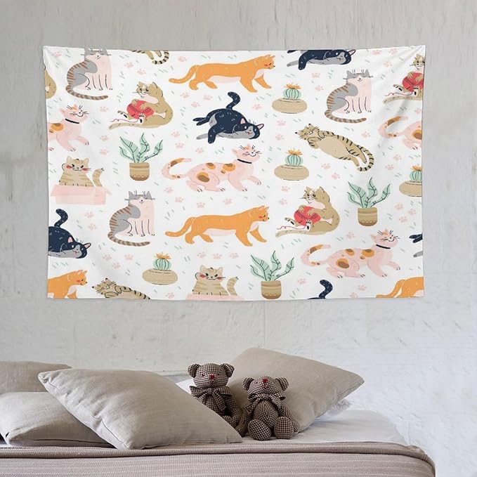 VUMIVI Cute Cat Tapestry Kids Hand-Painted Doodles Colorful Illustrations Potted Plants Paw Prints Tapestry Wall Hanging for Living Room Bedroom Dorm Classroom Aesthetic Decor W60xL40in