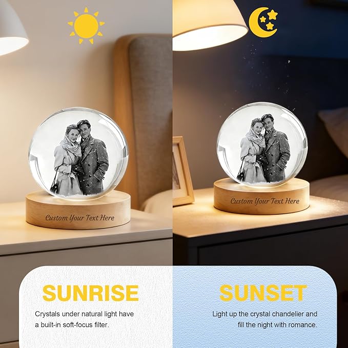 QYH Personalized 3D Crystal Photo Snow Globe, 3D Engraved Memory Sphere with Wooden Base, LED Night Light, Custom Gifts for Pets, Couples, Babies, Parents, Anniversary, Christmas, Birthday