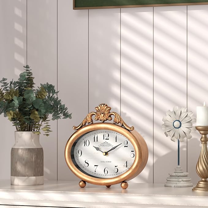 Vintage Table Clock, Desk and Shelf Decor Clock, French Rustic Antique Style Gold Mantel Clocks, for Farmhouse, Living Room, Bedroom, Bedside, Gift (7.87" H x 7.87" W)