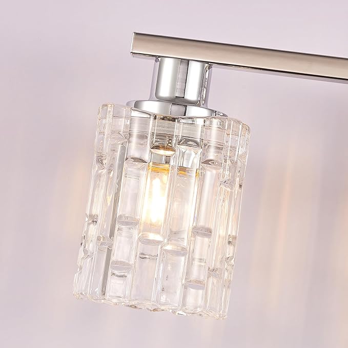 3 Light Silver Chrome Bathroom Vanity Light Over Mirror, Modern Vanity Lighting with Crystal Glass Shade, Wall Mount Bathroom Light Fixtures, E26 Base