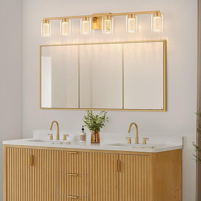 SineRise 6-Light Gold Vanity Light with 3 Color Modes (3000K/4000K/6000K), Eye Protection LED Bathroom Light Fixture, Dimmable Modern Wall Light Over Mirror with Clear Glass Shade