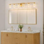 SineRise 6-Light Gold Vanity Light with 3 Color Modes (3000K/4000K/6000K), Eye Protection LED Bathroom Light Fixture, Dimmable Modern Wall Light Over Mirror with Clear Glass Shade