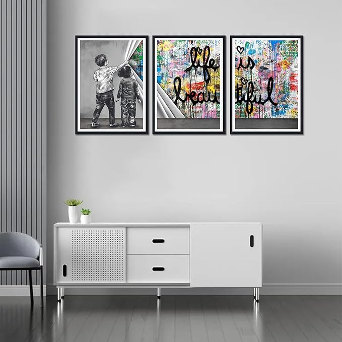 Novatique Street Graffiti Canvas Print Banksy Wall Art Pop Art Wall Decor Modern Graffiti Art Picture Home Decoration Framed Ready to Hang,16" x 24" x 3pcs