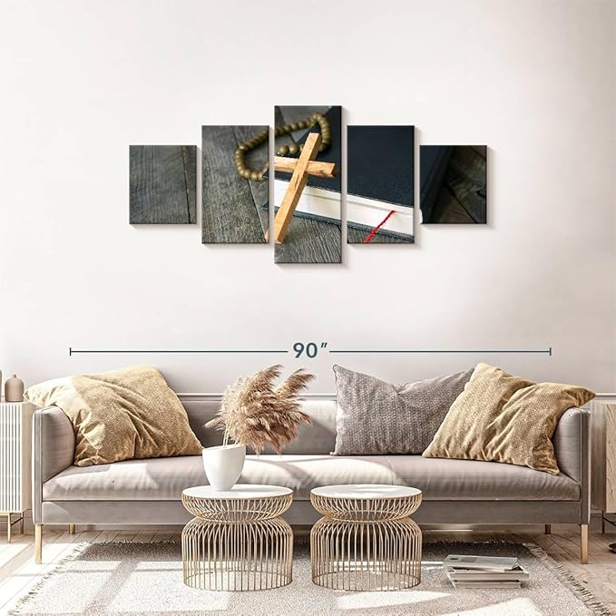 Elephant Stock Cross Canvas - 5 Panel Christian Pictures Decor - Canvas Print Wall Decor - Christian Cross Wall Art - 68" X 30"