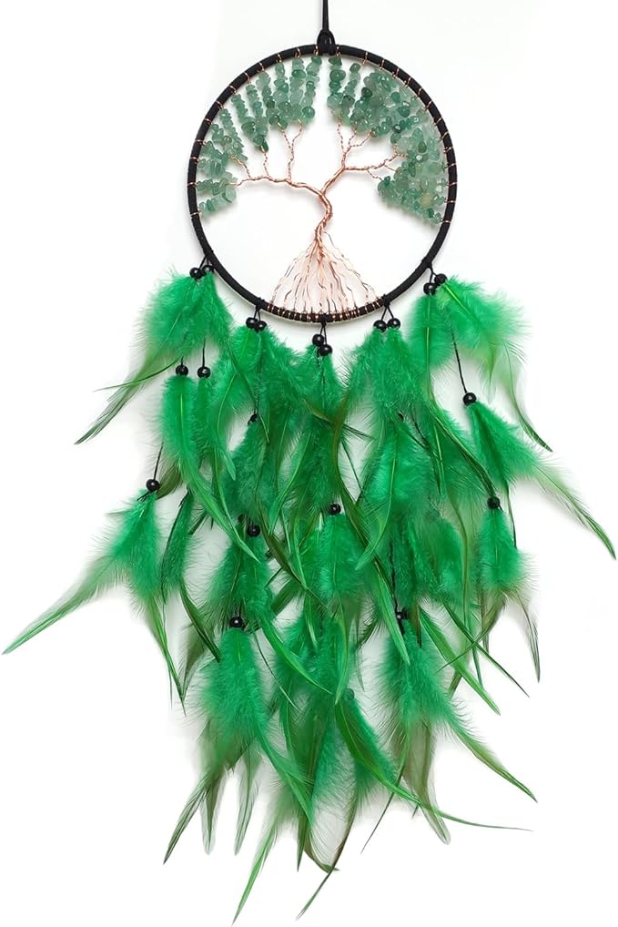 Green Dream Catcher Wall Decor Crystal Tree of Life Dream Catchers Handmade Feather Dreamcatcher Wall Hanging Ornament for Bedroom Living Room Home Decor