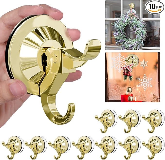 Antimbee Suction Cup Hooks, 10 Pack Suction Cup Hanger, Removable Large Suction Cup with Ultra-Thin Adhesive Disc for Smooth/Uneven Surfaces, Wreath Hangers Max Hanging up to 11 lbs (Gold)