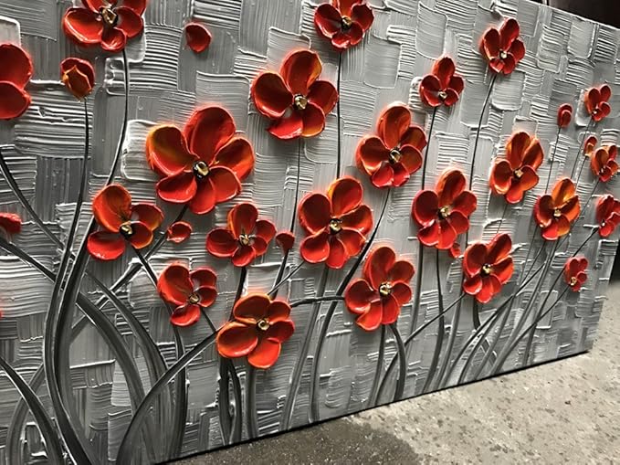 YaSheng Art - Hand painted 3D Oil Paintings On Canvas Red Flowers Paintings Modern Home Decor Abstract Artwork Canvas Wall Art Paintings,Stretched and Framed Ready to Hang 24x48inch