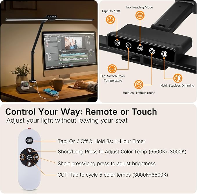 OUTON 29.5" Led Desk Lamp for Office Home, USB-A & USB-C Ports, Touch & Remote Control, 5 Color Temperatures, Stepless Dimming, Timer & Memory Function, 24W Eye-Care Monitor Light for Study Drafting