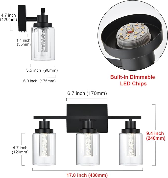 MELUCEE Bathroom Vanity Light Fixtures, 3-Light LED Bathroom Lighting Fixtures Over Mirror, 3000K-6000K Modern Black Vanity Light for Bathroom with Crystal Bubble Glass Shade, Built-in LED Chips