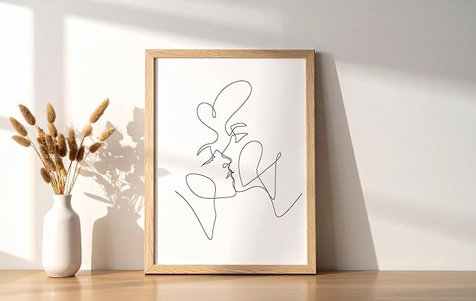 Minimalist Couple Art Wall Art Print Couple Kiss Abstract Line Drawing, Gallery Quality 8"x10" Beige Framed, Abstract Love Aesthetic Decor Bedroom Living Room