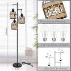 Floor Lamp for Living Room,Bedroom,3-Lights Boho Rattan Tree Floor Lights,Industrial Black Farmhouse Standing Lamp Wicker Rustic Tall Lamp,Woven Bamboo LampShade Floor Lamps Bohemian