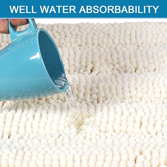 H.VERSAILTEX Bath Rugs for Bathroom Non Slip Bath Mats Extra Thick Chenille Striped Bath Rug Runners 47" x 17" Absorbent Fluffy Soft Shaggy Mats Dry Fast Plush Area Carpet for Bath Room - Cream