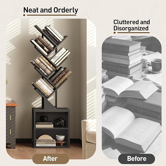 Tree Bookshelf, 6 Tier Bookcase with 2 Storage Racks, Free Standing Wooden Bookcase, Floor Standing Book Shelf Organizer for Living Room, Bedroom, Study, Home Office, Black