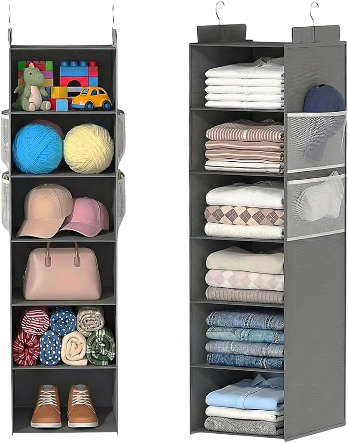 Extra Deep Hanging Closet Organizer with 6 Shelves and Oversized Mesh Pockets, Heavy-Duty Structure, No Deformation, Max Storage for Clothes, Shoes, Hats, Dorms and RVs, Grey,1-Pack