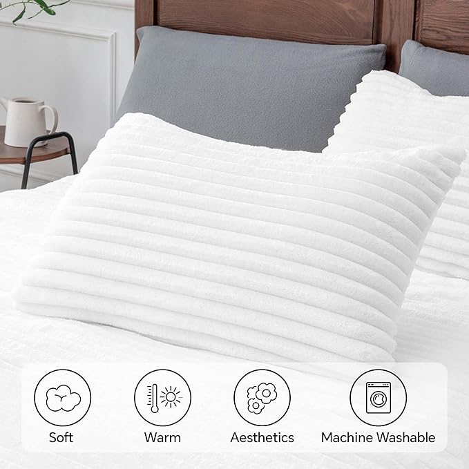 BEDELITE Fleece Full Comforter Set -Super Soft & Warm Fluffy Bright White Bedding, Luxury Fuzzy Heavy Bed Set for Winter with 2 Pillow Cases