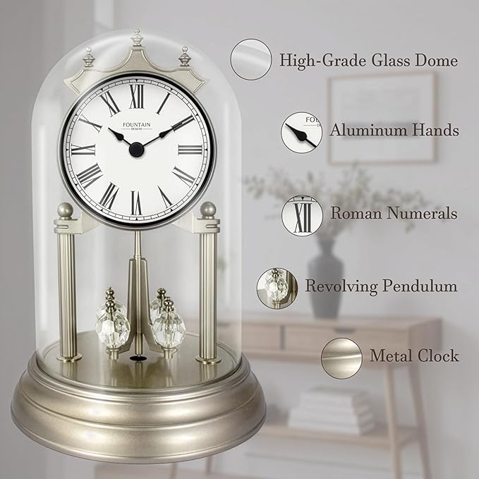 9" Genevieve Mantel Clock with Revolving Pendulum, 50th Anniversary Clock Glass Dome, Wedding Gifts, Desk & Shelf Clock for Living Room Fireplace Decor (Morning Sliver)