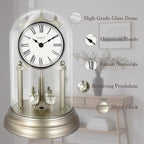 9" Genevieve Mantel Clock with Revolving Pendulum, 50th Anniversary Clock Glass Dome, Wedding Gifts, Desk & Shelf Clock for Living Room Fireplace Decor (Morning Sliver)