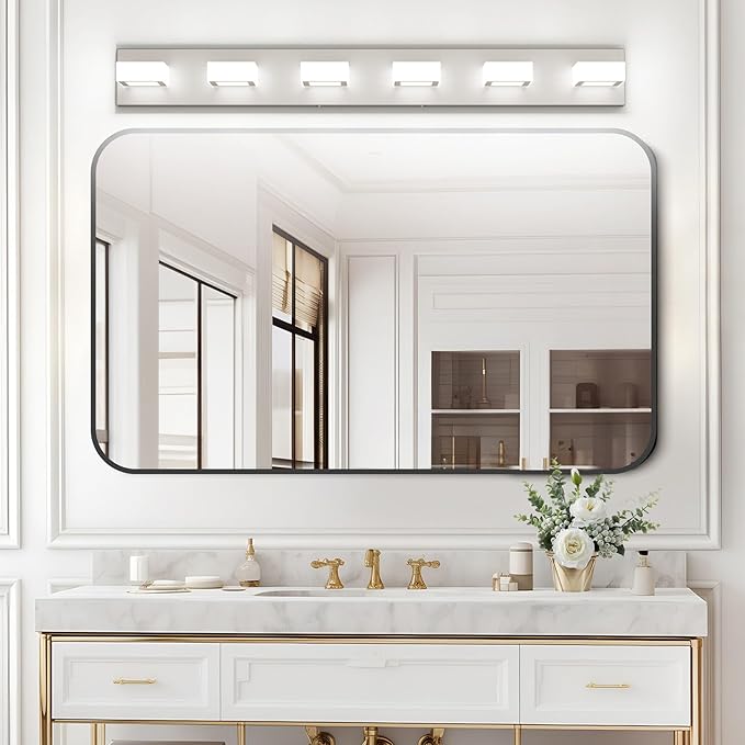 Ralbay 6-Light Brushed Nickel Bathroom Vanity Light Metal Acrylic Modern LED Bathroom Lighting Over Mirror