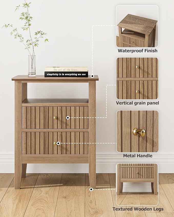 Fluted Nightstand, Farmhouse Night Stand with 2 Drawers, Mid Century Modern Side Accent Table,Bedside End Table for Bedroom, Living Room, Natural