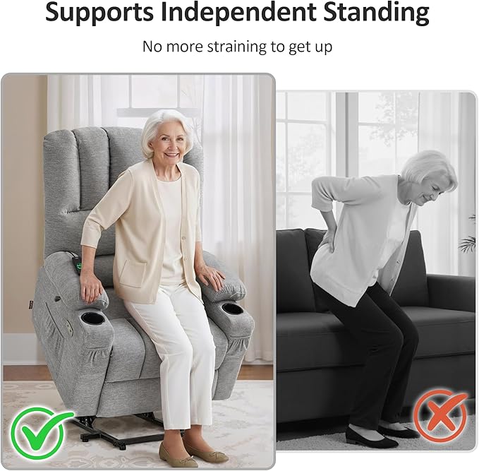 MCombo Large Power Lift Recliner Chair for Elderly, Lift Chair with Heat and Massage, 3 Positions, USB Charge Ports, Cup Holders, Fabric 7099 (Large, Grey)