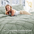 Sasttie Full Size Comforter Set, 7-Piece Bed in a Bag Double, Pintuck Bedding Set for All Season, Includes Comforter, Flat Sheet, Fitted Sheet, Pillowcases and Pillowshams, Sage Grey