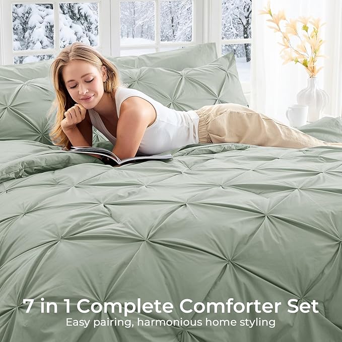 Sasttie Queen Comforter Set, 7-Piece Bed in a Bag, Pintuck Bedding Sets for All Season, Includes Comforter, Flat Sheet, Fitted Sheet, Pillowcases and Pillowshams, Sage Grey