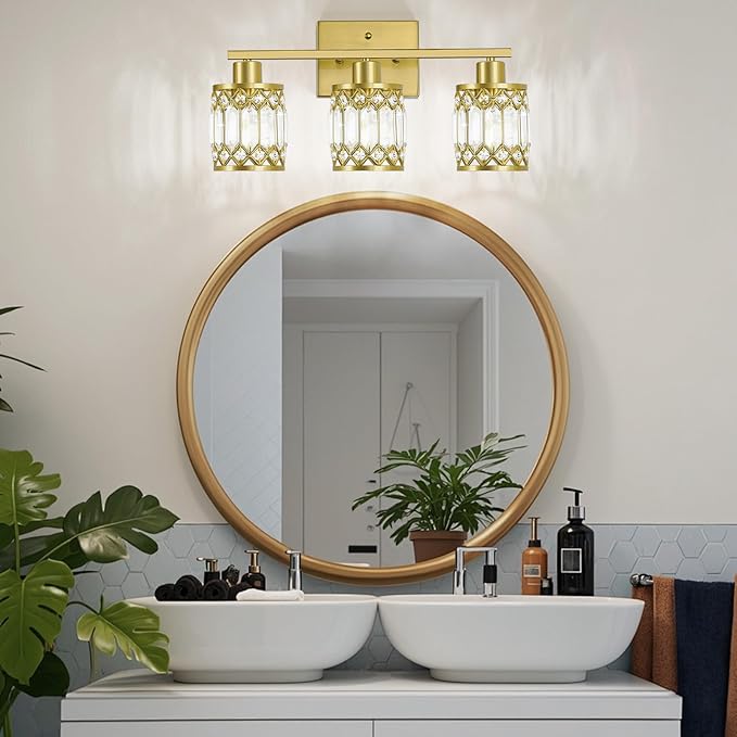 Crystal Modern Bathroom Light Fixtures, 3-Light Brushed Gold Bathroom Vanity Wall Light, Vanity Lights for Mirror, Restroom, Bedroom (E26 Socket, Bulbs Not Included)