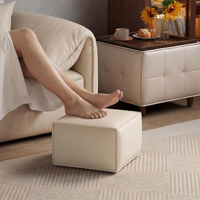 Square Ottoman with Storage Set of 2, Leather Coffee Table Ottoman, Multifunctional Foot Rest Stool with Storage for Living Room & Bedroom
