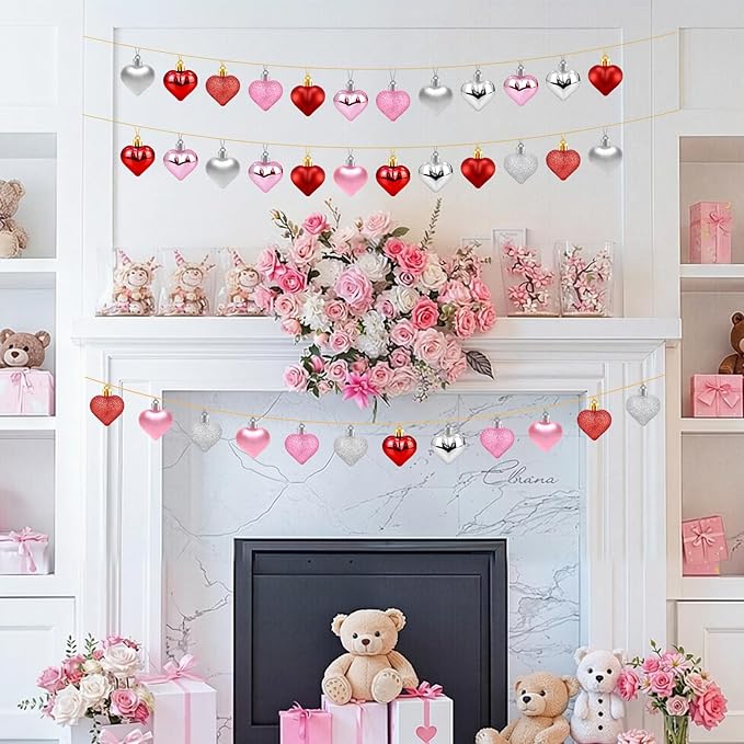 36Pcs Valentines Heart Ornaments, Red Pink Silver Glitter Valentines Decorations Heart Shaped Baubles, Romantic Hanging Valentine Day Tree Ornaments Decorations for Home Office, 3 Styles
