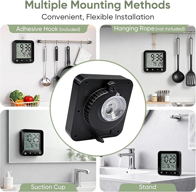 Digital Waterproof Shower Clock, Bathroom Kitchen Clock with Countdown Timer, Wall Clock with Large LCD Display, Temperature, Touch Button, Suction, Hanging Hole, Battery Operated I Black