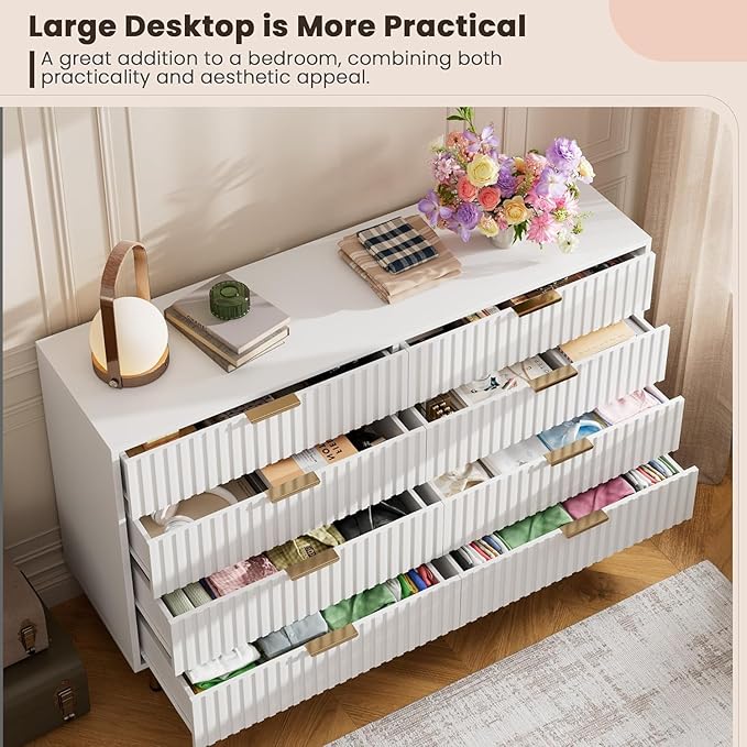 GarveeHome 8 Drawer Dresser for Bedroom, Fluted 55 in Wide Modern Chest of Drawers with Deep Drawers, Wooden Dresser Organizer for Living Room, Hallway, Kids Room, White