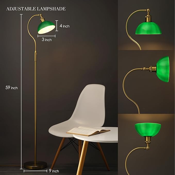 O’Bright Heritage - Banker’s Floor Lamp, 3-Level Touch Dimming, Adjustable Tilt Shade, Removable Lampshade Design, E26 Socket with 6W Dimmable LED Bulb, Green Glass Shade, Antique Brass