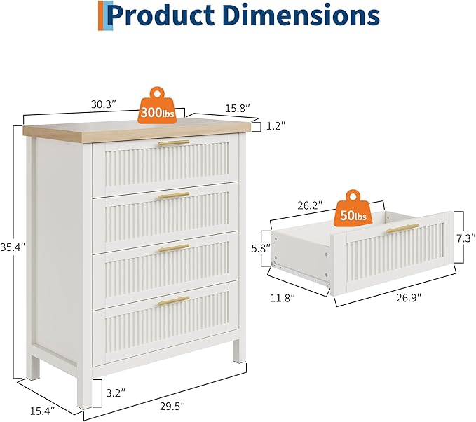 IDEALHOUSE Fluted 4 Drawers Dresser for Bedroom, 35.4" Tall Chest of Dressers for Closet, 4 Fluted Drawers with Metal Handle, Clothes Storage Cabinet for Bedroom, Nursery, Living Room, White