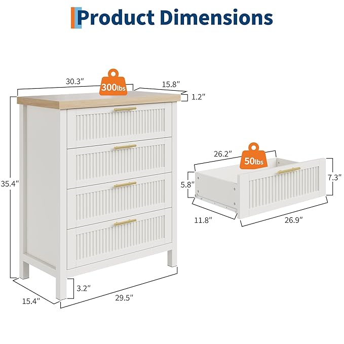 GarveeHome Fluted 4 Drawers Dresser for Bedroom, 35.4 in Tall Chest of Dressers for Closet, 4 Fluted Drawers with Metal Handle, Large Clothes Storage Cabinet for Bedroom, Nursery, Living Room, White