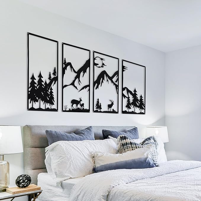 Bdor Four-in-One Metal Wall Art - 22.05" x 12.20" Each Panel - Mountain Deer Silhouette Wall Decor - Modern Rustic Forest Landscape for Home & Office