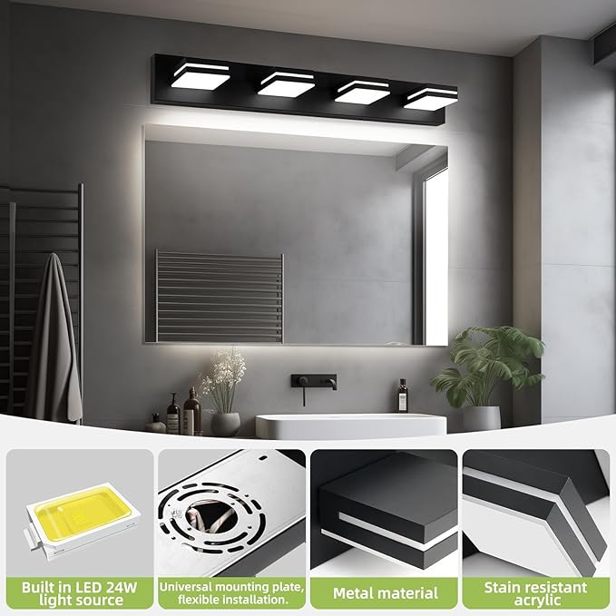 OKELI 4-Light Bathroom Vanity Light Black Modern LED Vanity Light Over Mirror Dimmable Mirror Front Lamp with 350° Adjustable Lamp Head ETL Listed 32W 6000K Cold White
