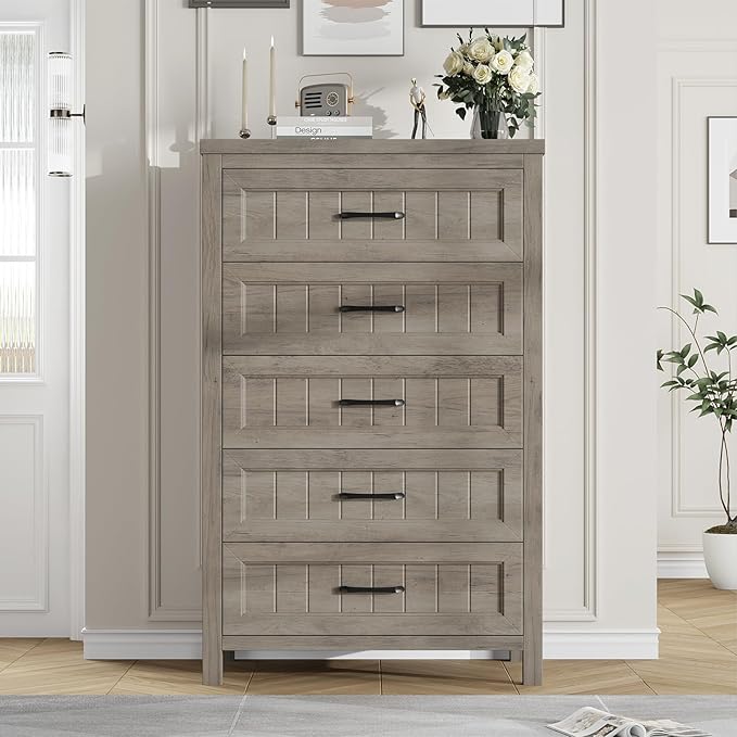 5 Drawer Dresser for Bedroom - Farmhouse 44.9" Tall Chest of Dresser with Large Storage, Rubst Wood Construction for Living Room, Hallway & Entryway - Gray