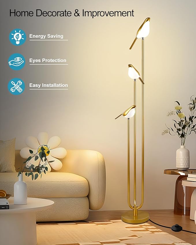 Lightdot Gold Floor Lamp for Living Room Modern Mid Century Standing Light with 3 Adjustable LED Bird Lights for Wedding Party Unique Tall Floor Lamp for Bedroom Kids Room/Sofa Beside/Corner Decor