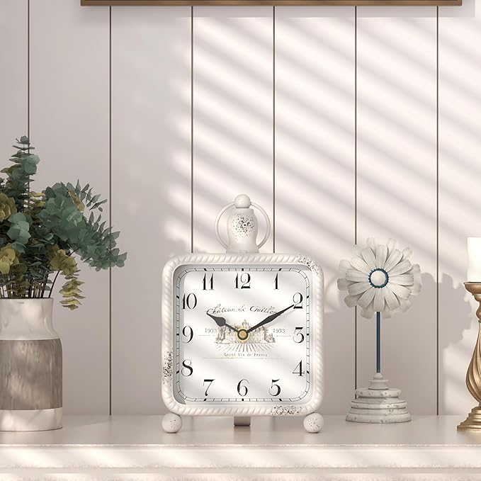Vintage White Table Clock on Stand, Desk and Shelf Decor Clock, French Rustic Style Mantel Clocks for Farmhouse, Living Room, Bedroom, Bedside, Gift (8.5" H x 5.5" W)