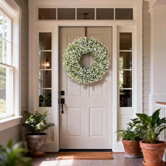 26" Artificial Boxwood Wreath for Front Door - Large Faux Aglaia Odorata Wreath, Fake Eucalyptus Leaves Plants for Wall Window Farmhouse Outdoor Decor - Spring, Summer, All Seasons (White-Green)