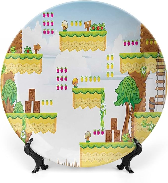 XISUNYA 8 Inch Decorative Plate, Video Games Tableware Plate, Cartoon Retro Computer Graphic Print Ceramic Wall Hanging for Fine Dining Upscale Events, Dinner Parties, Weddings, Catering, Multicolor